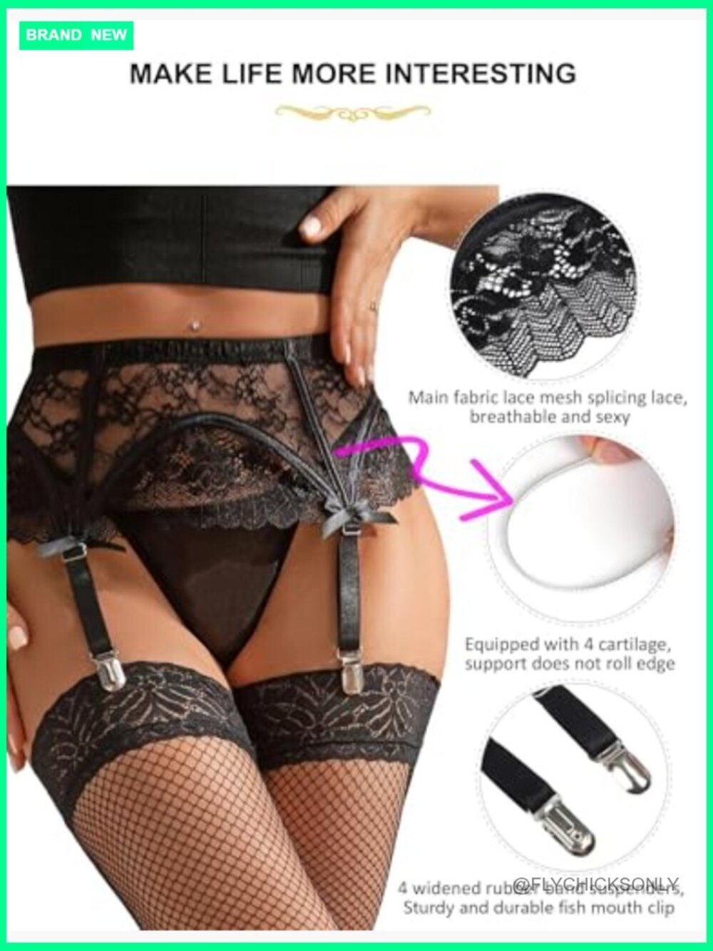 4-Strap Lace Garter Belt for Thigh Highs Stockings with Soft Bone Support - Picture 2 of 7